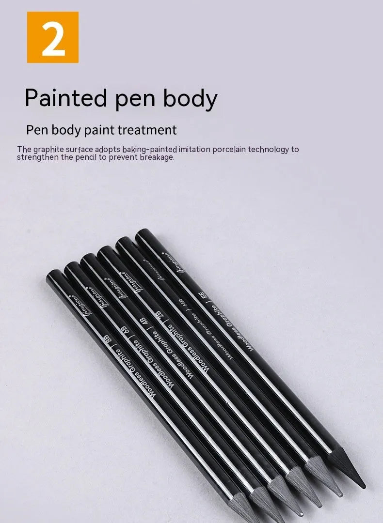 Set of nine art pencils on a card: six graphite pencils and three darker carbonized pencils in wooden casings.