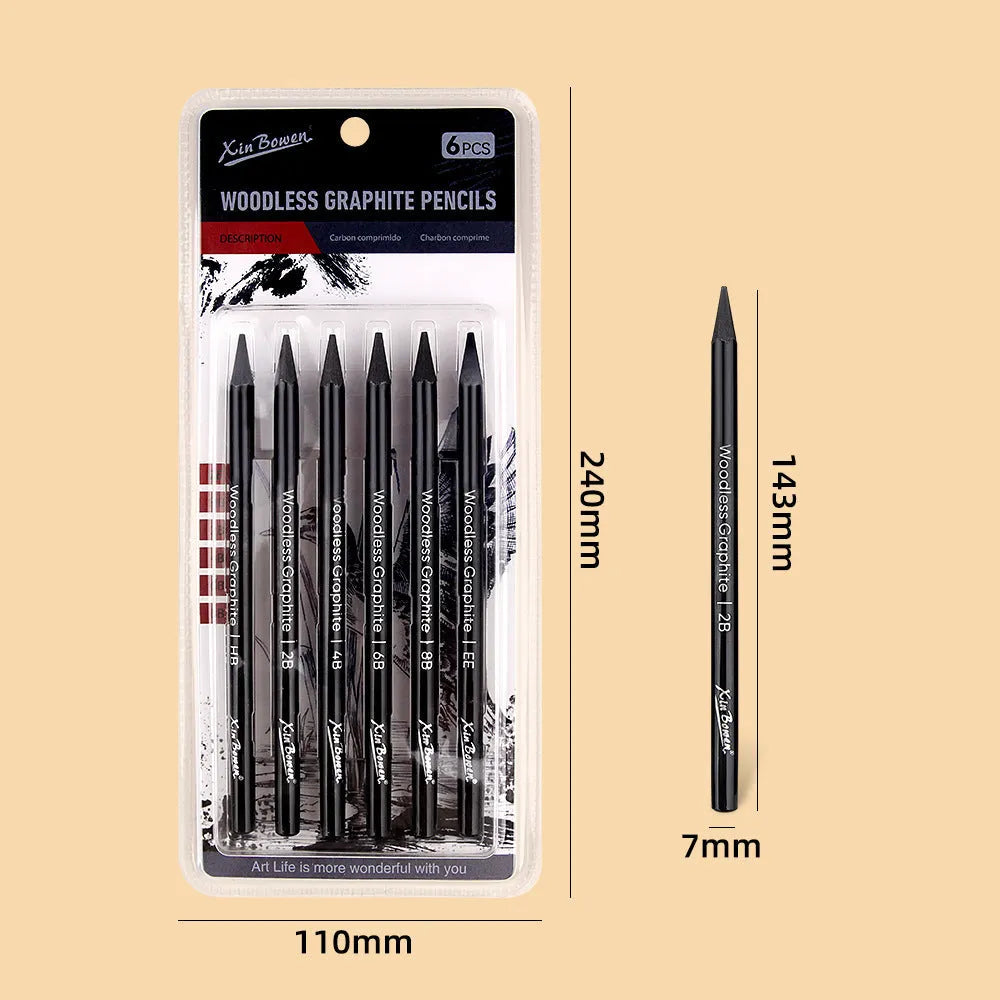 Set of six wood-free graphite sketching pencils with HB 2B 4B 6B 8B EE hardness grades