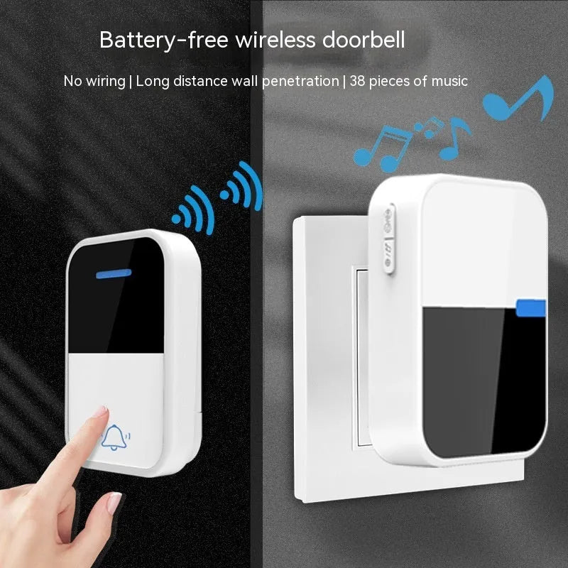 Modern white plastic wireless doorbell kit showing receiver and self-generating beeper unit.
