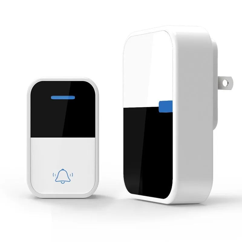 Modern white plastic wireless doorbell kit showing receiver and self-generating beeper unit.