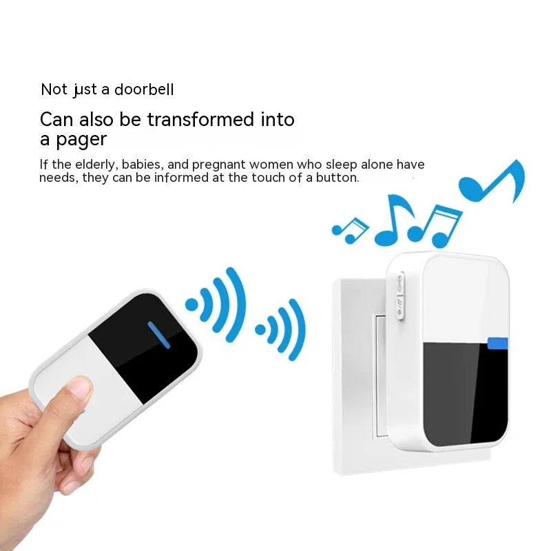 Modern white plastic wireless doorbell kit showing receiver and self-generating beeper unit.