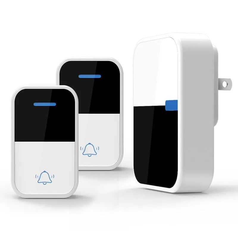 Modern white plastic wireless doorbell kit showing receiver and self-generating beeper unit.