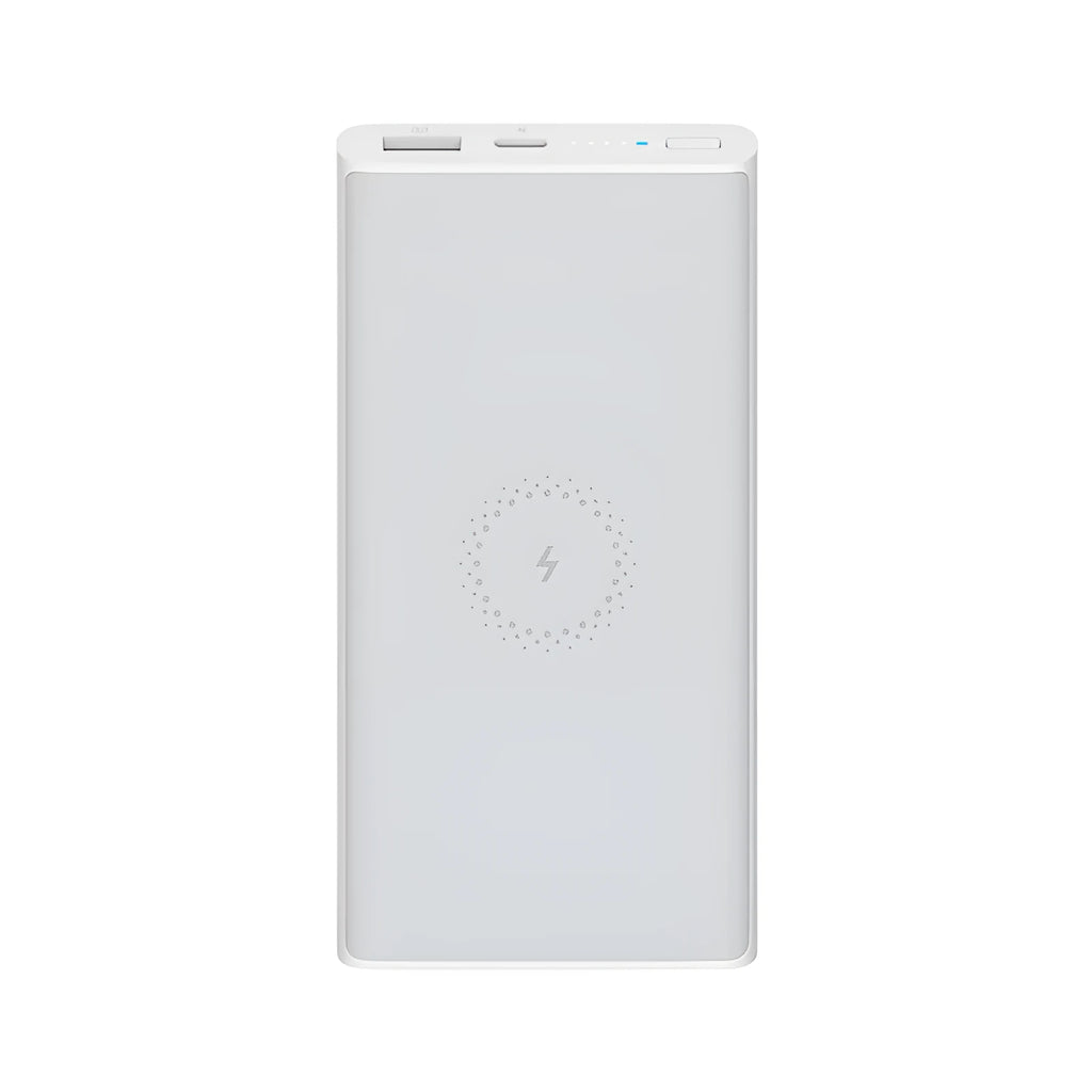 Black and white 10000 mAh power bank with USB Type-C port and wireless charging surface.