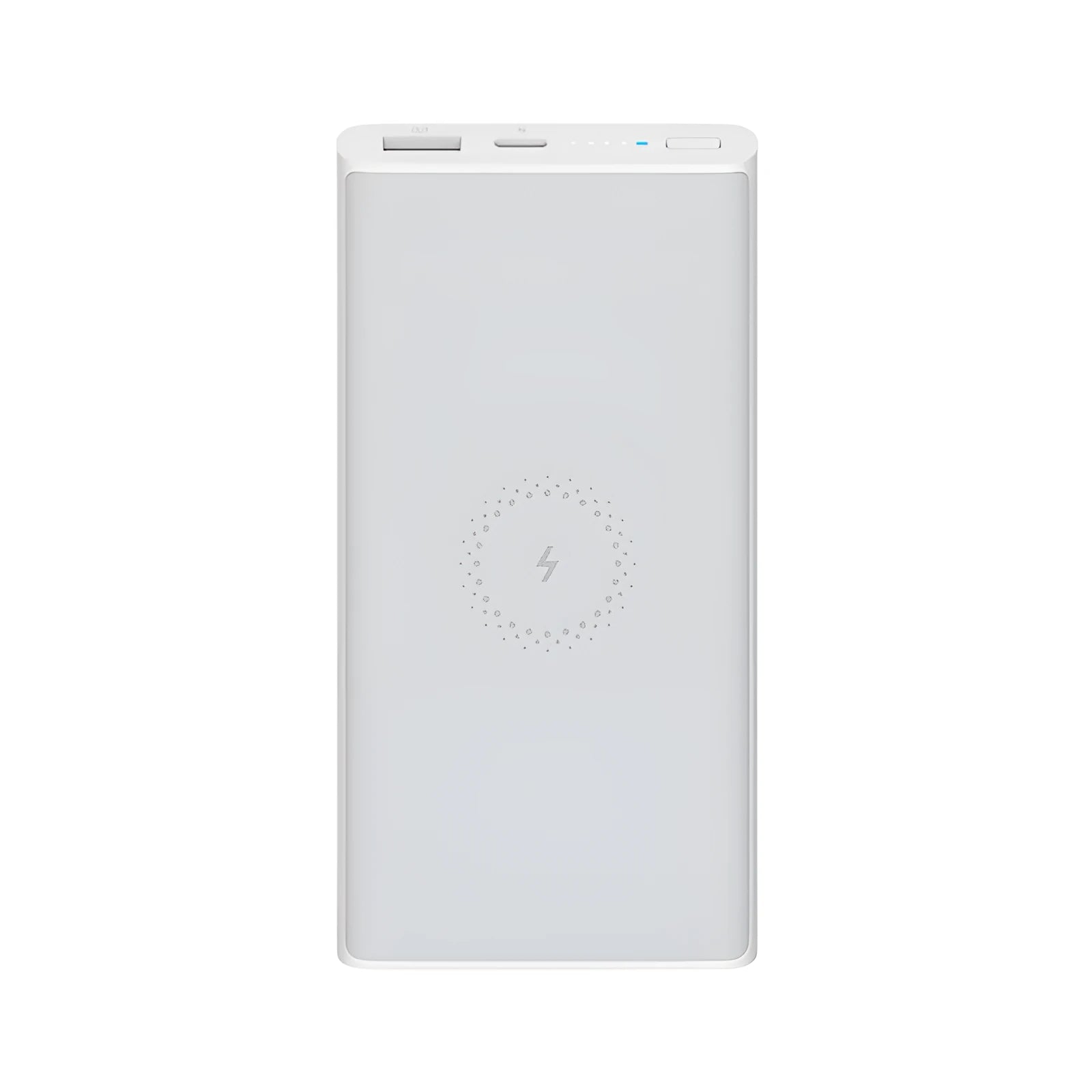 Black and white 10000 mAh power bank with USB Type-C port and wireless charging surface.