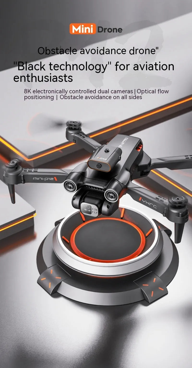 Black foldable quadcopter drone with four propellers and an underside HD camera