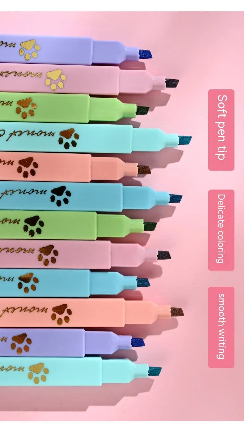 Cat's Paw fluorescent marking pen set showing six coloured pens with oblique nibs in a gift box.