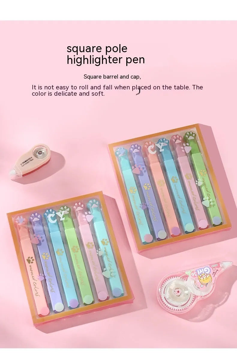 Cat's Paw fluorescent marking pen set showing six coloured pens with oblique nibs in a gift box.