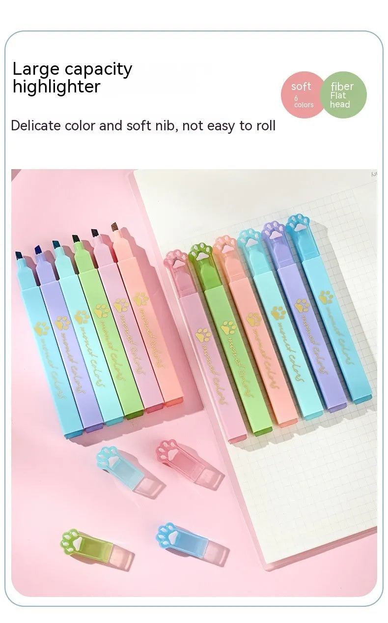 Cat's Paw fluorescent marking pen set showing six coloured pens with oblique nibs in a gift box.