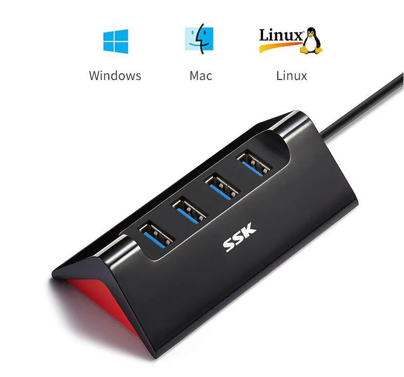 Black USB expansion dock with four ports, compact rectangular design, and a Micro USB power cable.