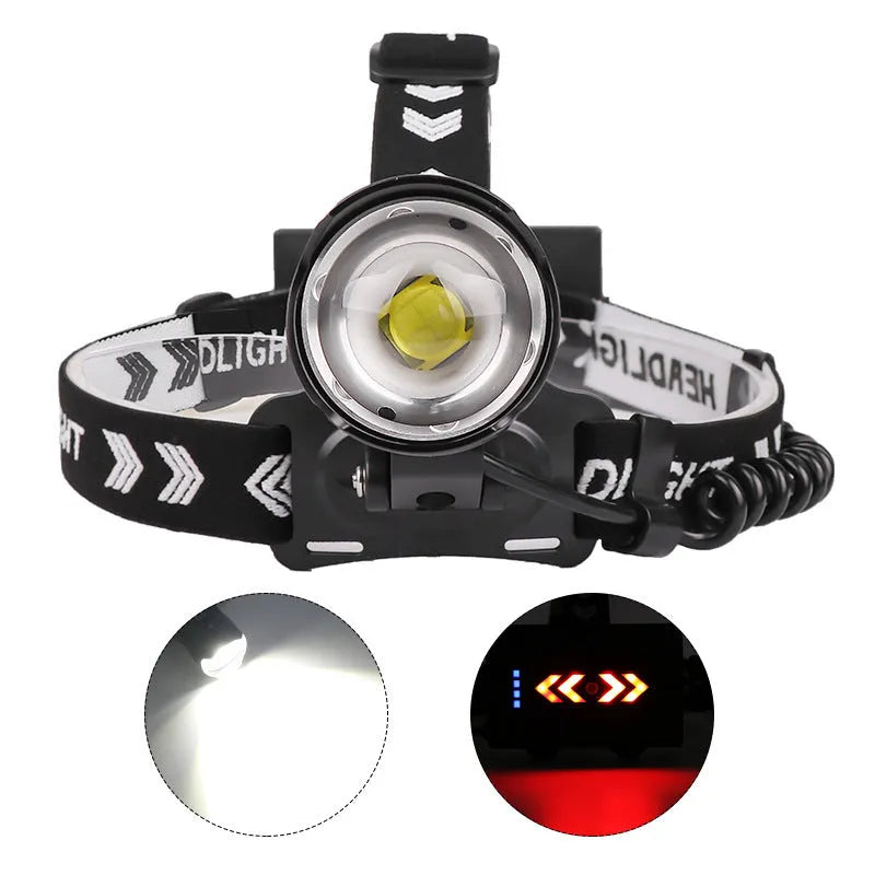 Black USB rechargeable headlight with telescopic zoom lens and headband mounting