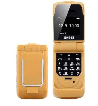 Mini flip phone in gold, showing closed flip cover design with small screen.