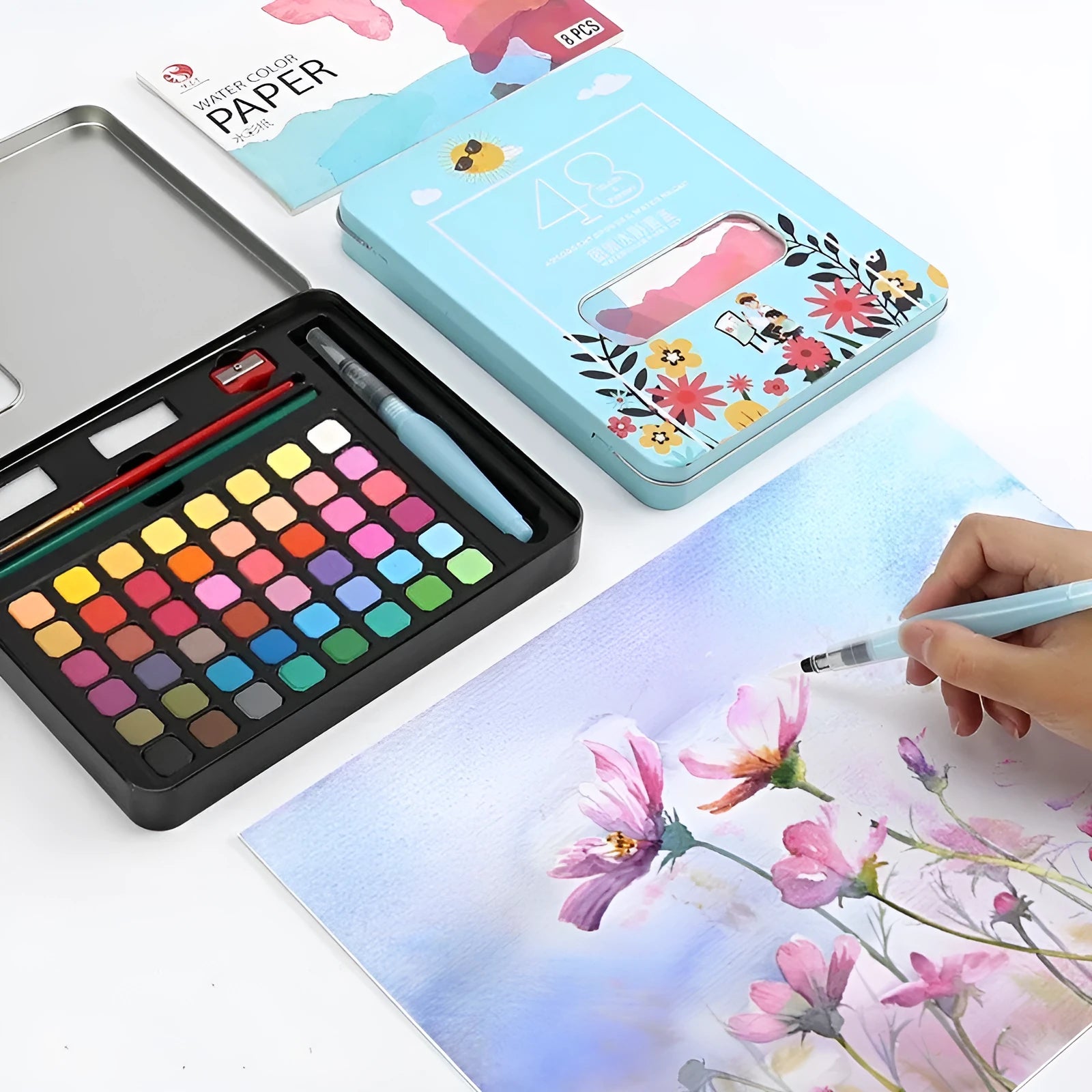 48 colour solid watercolour paint set in carrying case with gouache pigments