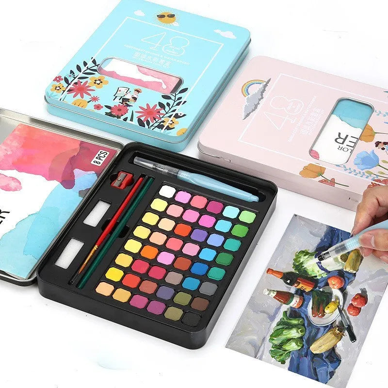 48 colour solid watercolour paint set in carrying case with gouache pigments