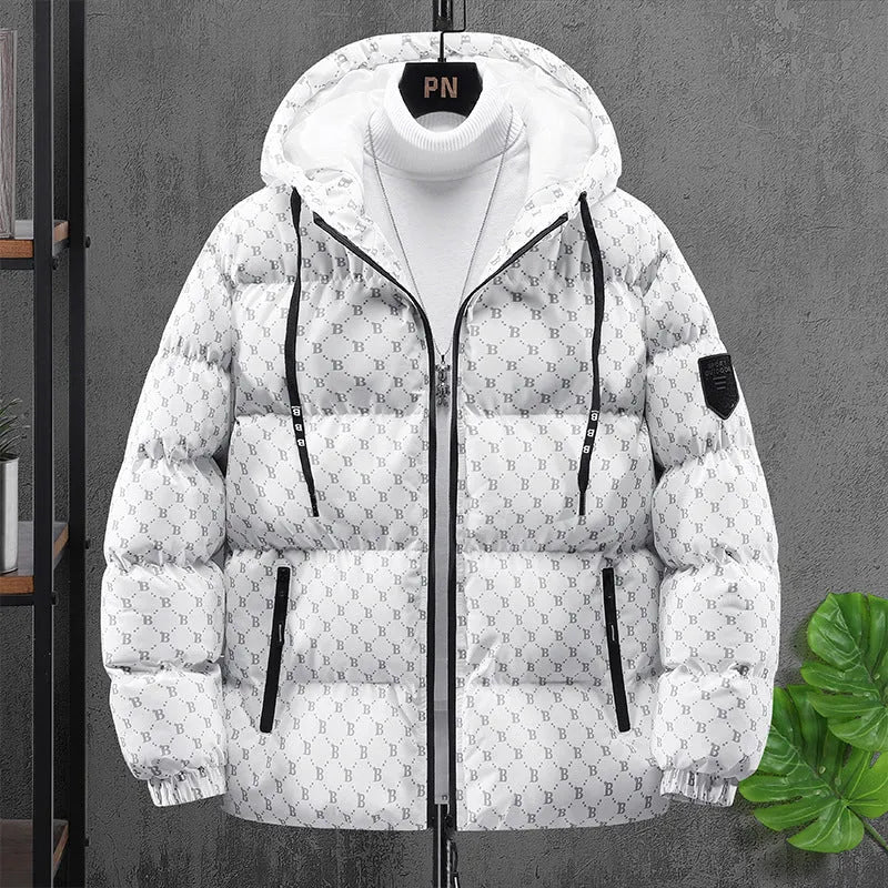 Men's winter casual hooded cotton coat in black, thickened padded cardigan style with side seam pockets