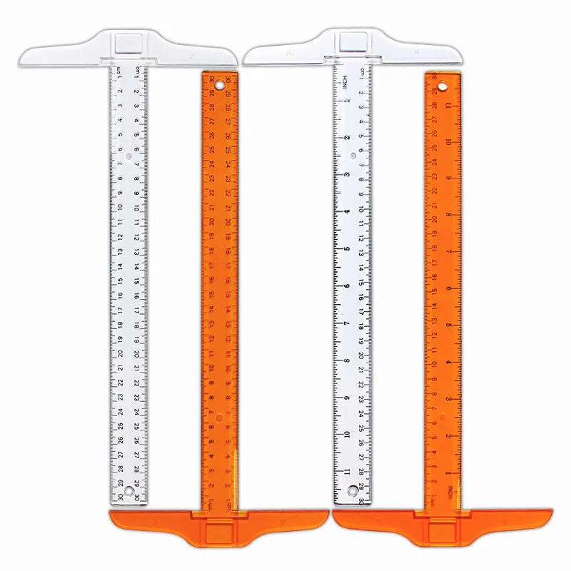 Transparent and orange yellow T-shaped plastic rulers with 30cm length and dual scale options