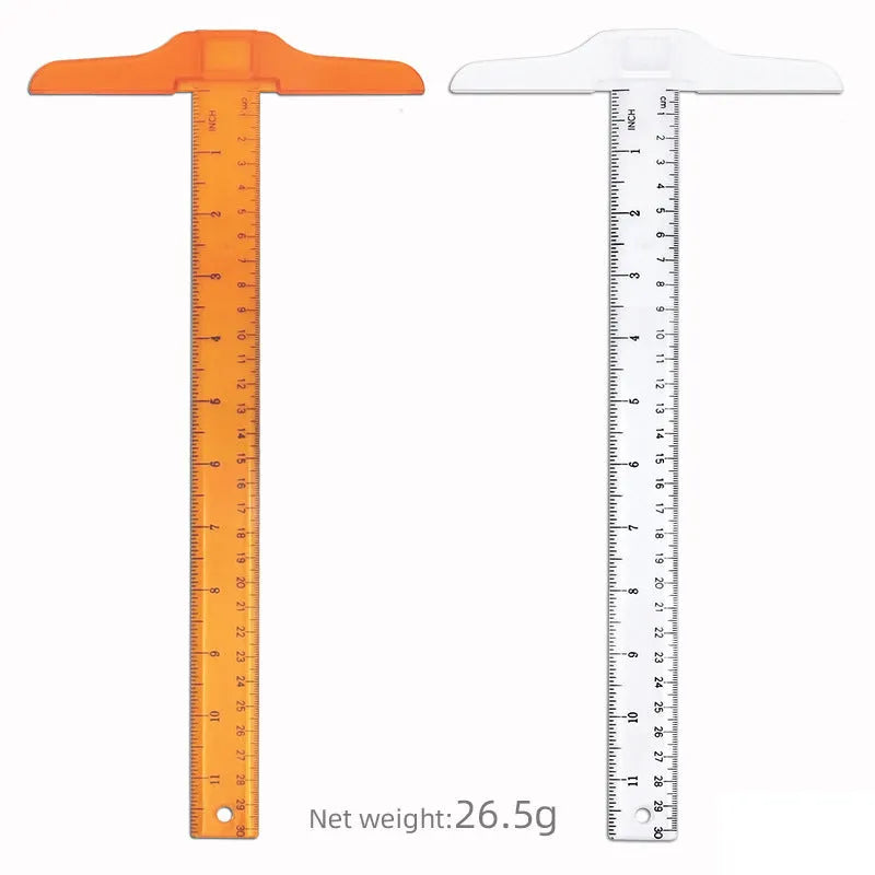 Transparent and orange yellow T-shaped plastic rulers with 30cm length and dual scale options