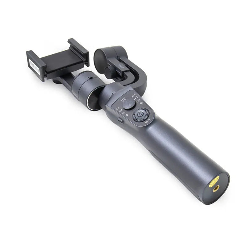 Black three-axis handheld gimbal stabilizer for mobile phones showing PTZ unit and handle
