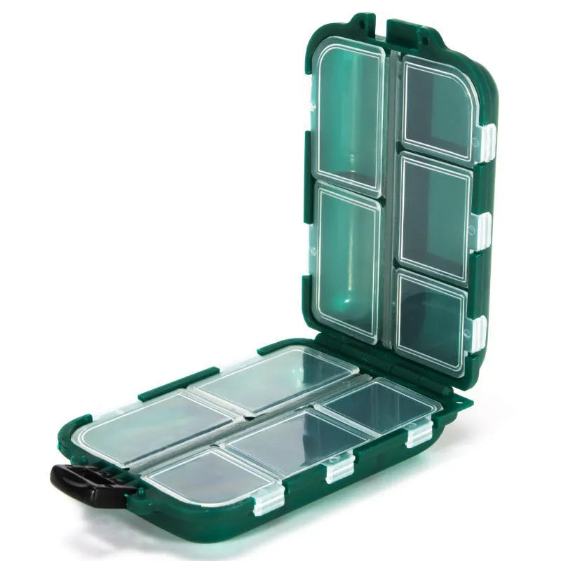 Plastic fishing tackle storage box with 10 compartments in black, blue, or green colour options
