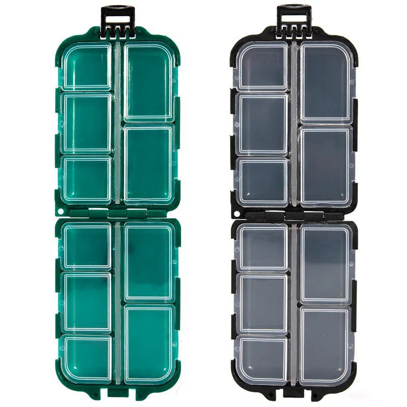 Plastic fishing tackle storage box with 10 compartments in black, blue, or green colour options