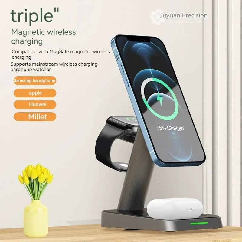Black cubic 3-in-1 vertical wireless charger and portable power bank on a desk.