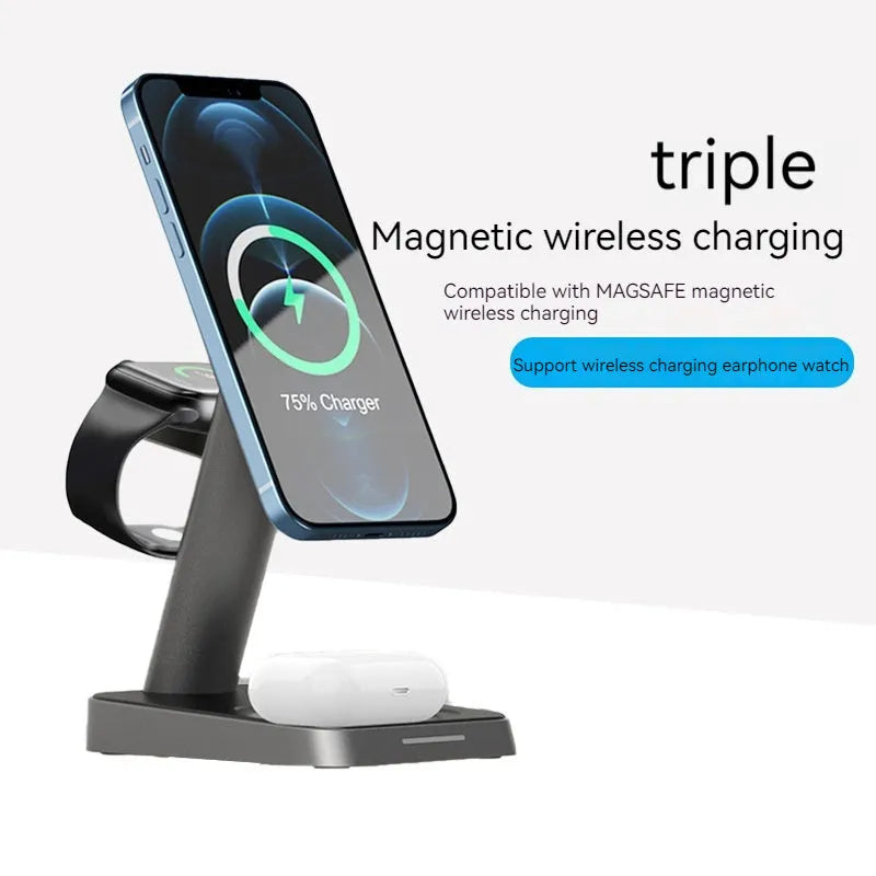 Black cubic 3-in-1 vertical wireless charger and portable power bank on a desk.