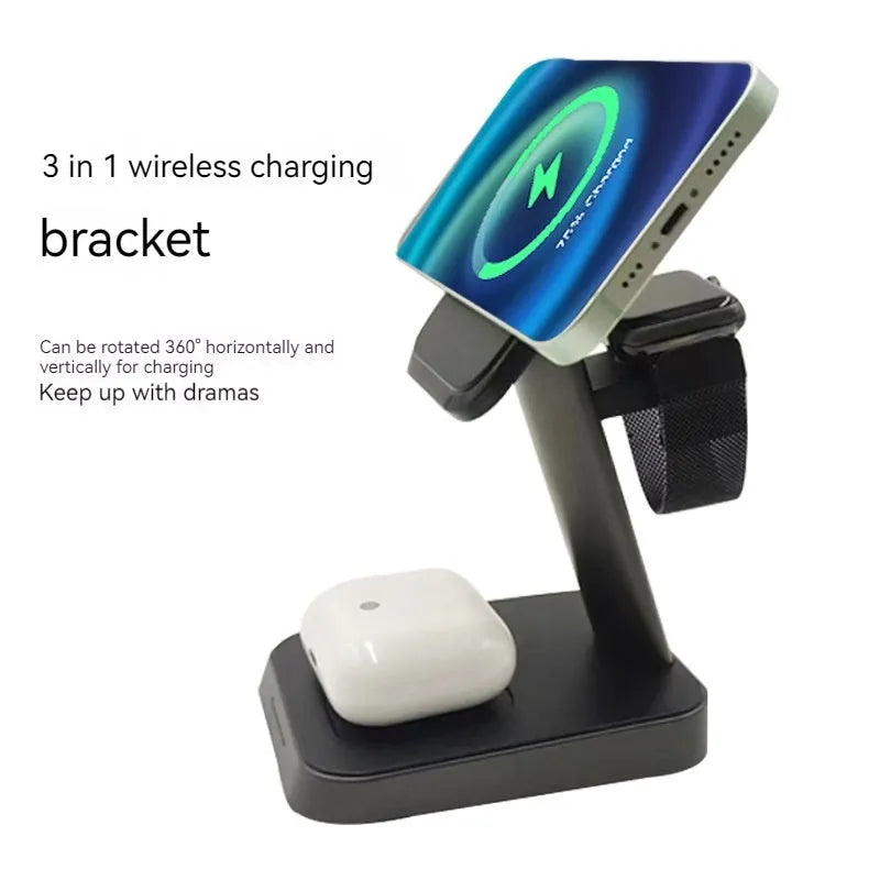 Black cubic 3-in-1 vertical wireless charger and portable power bank on a desk.