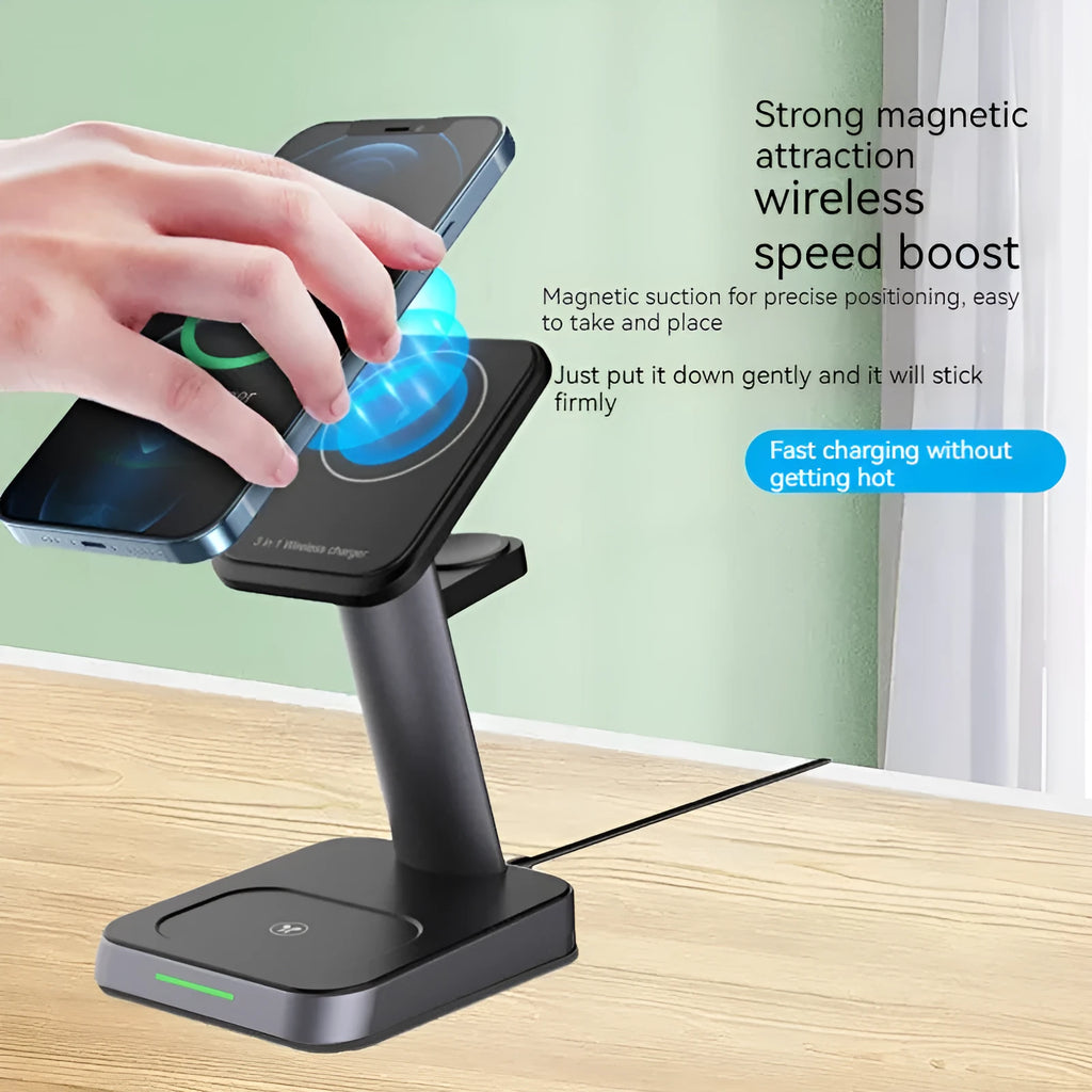 Black cubic 3-in-1 vertical wireless charger and portable power bank on a desk.