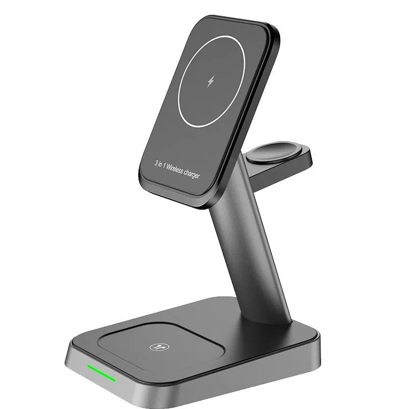 Black cubic 3-in-1 vertical wireless charger and portable power bank on a desk.