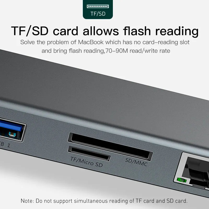Grey aluminium alloy ten port docking station with integrated laptop cooling bracket showing HDMI, VGA, and USB ports