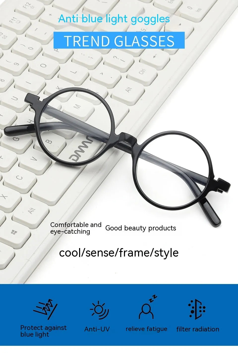 Artistic retro round flat mirror sunglasses in bright black, sand black, tofu pudding, and transparent grey frames.