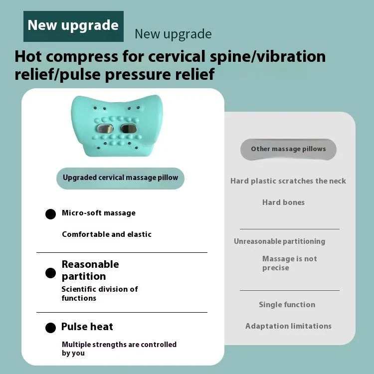 Blue-green cervical spine massage pillow showing compact 17cm design with hot compress and vibration functions