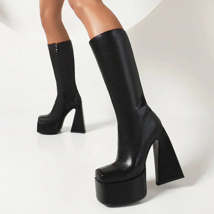 Women's black high boot made of faux PU leather, shown in a casual style.