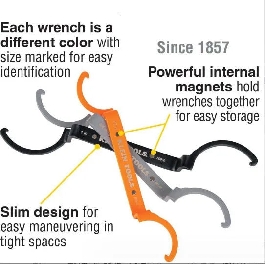 Crescent magnetic suction wrench three-piece set showing orange, grey and black colour-coded spanners