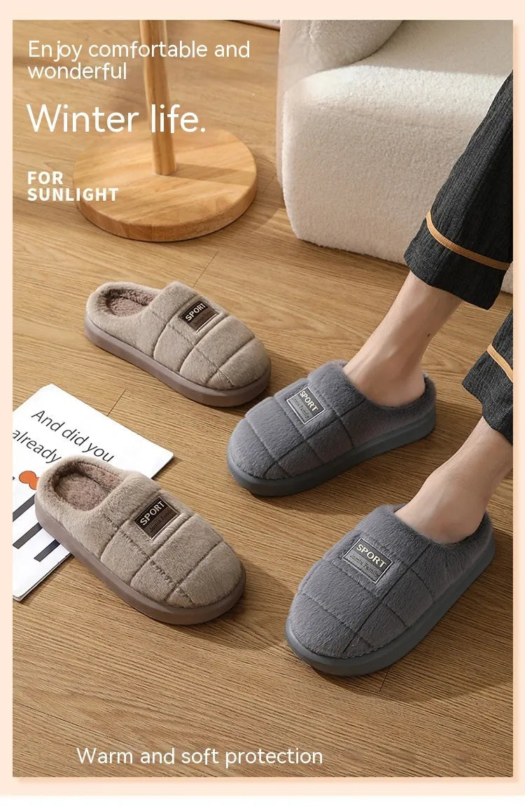 Men's grey and brown plaid winter slippers with rabbit hair uppers and thick soles