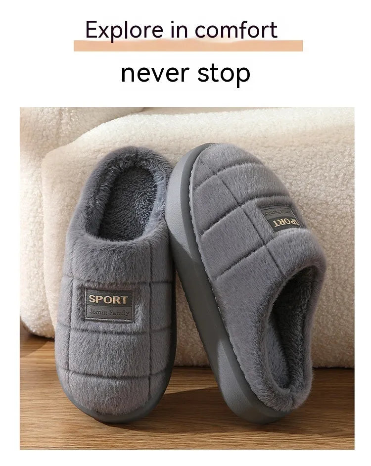 Men's grey and brown plaid winter slippers with rabbit hair uppers and thick soles