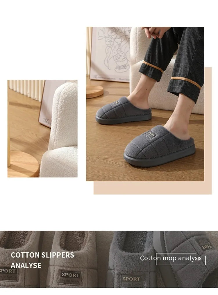 Men's grey and brown plaid winter slippers with rabbit hair uppers and thick soles
