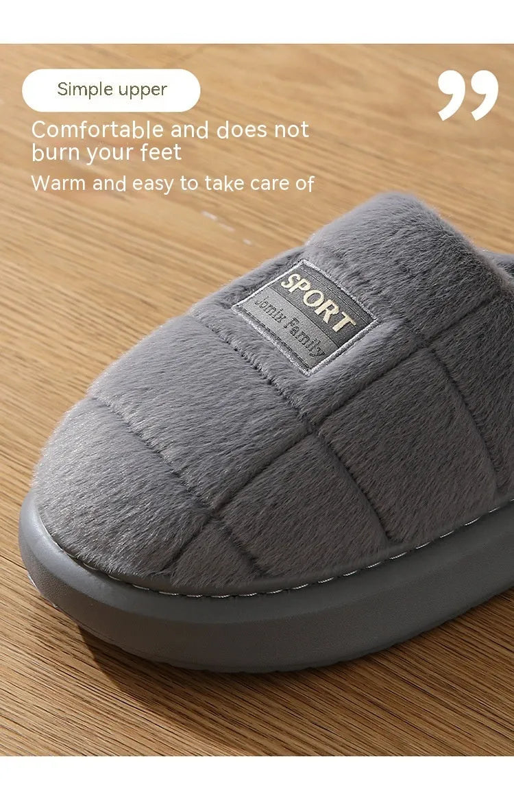 Men's grey and brown plaid winter slippers with rabbit hair uppers and thick soles