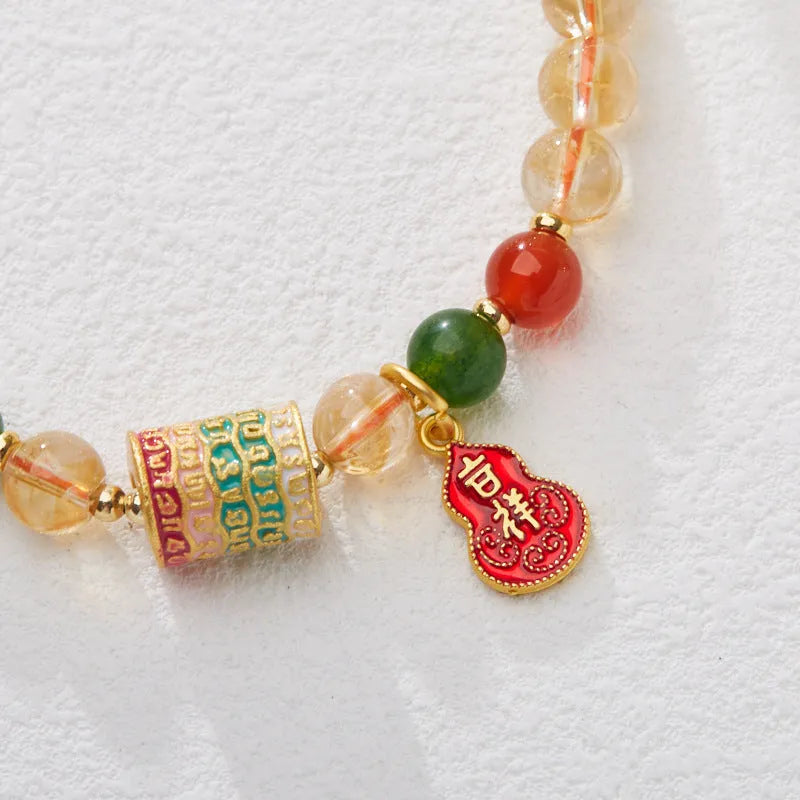 Hand-woven citrine crystal bracelet with geometric five-warp pattern and 6mm beads