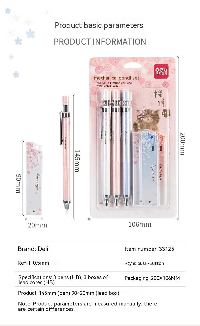 Cartoon automatic pencil set with three pens and HB refill boxes in Sakura law design