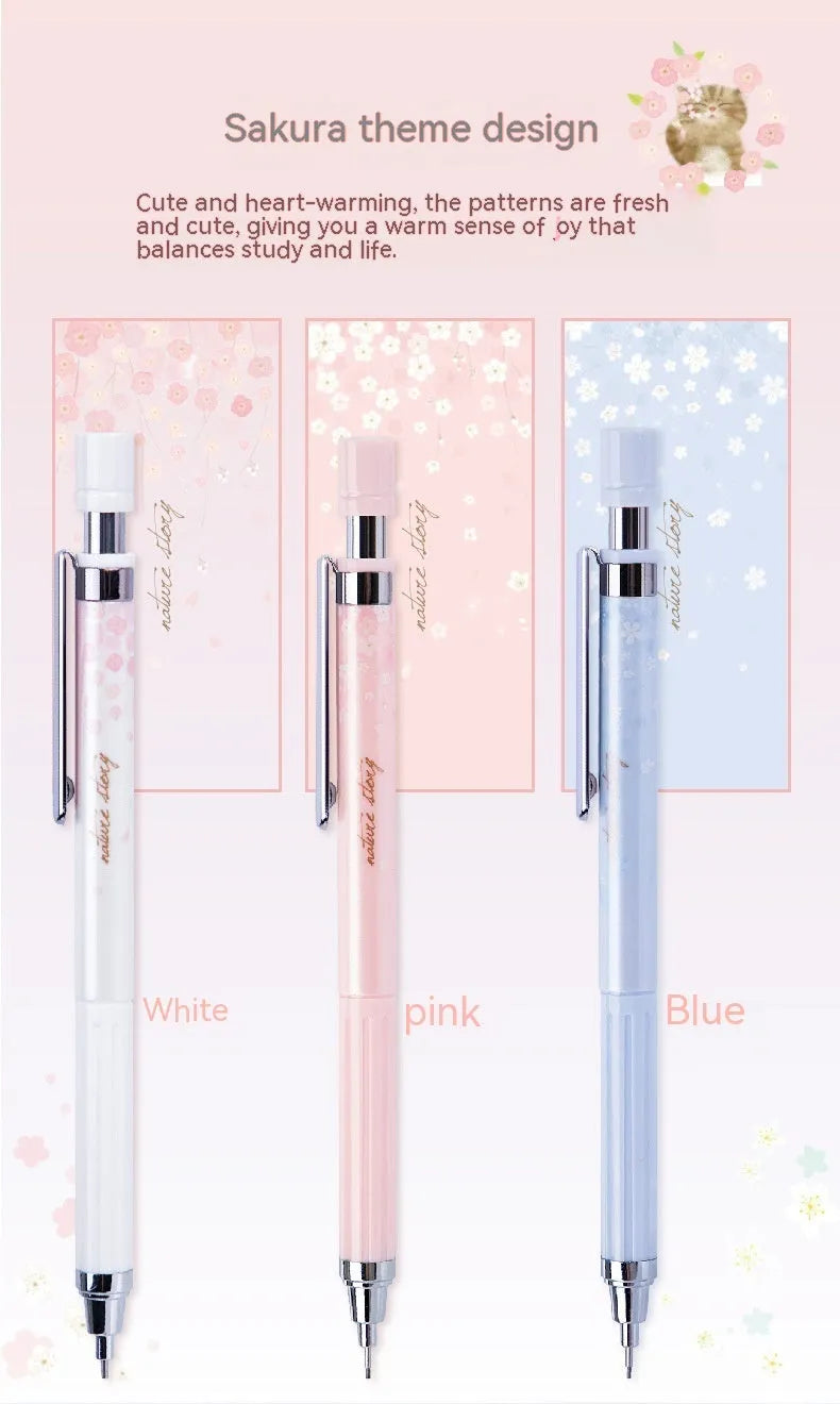 Cartoon automatic pencil set with three pens and HB refill boxes in Sakura law design