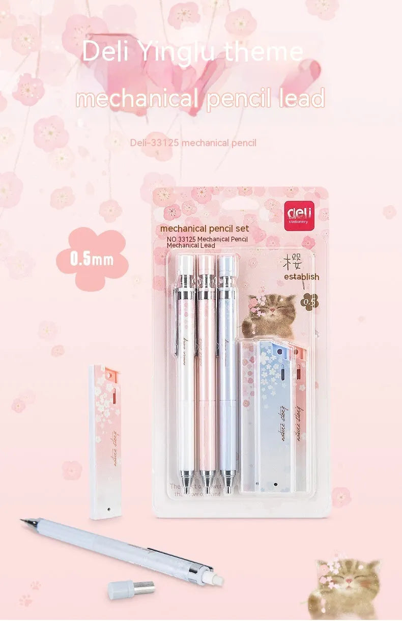 Cartoon automatic pencil set with three pens and HB refill boxes in Sakura law design