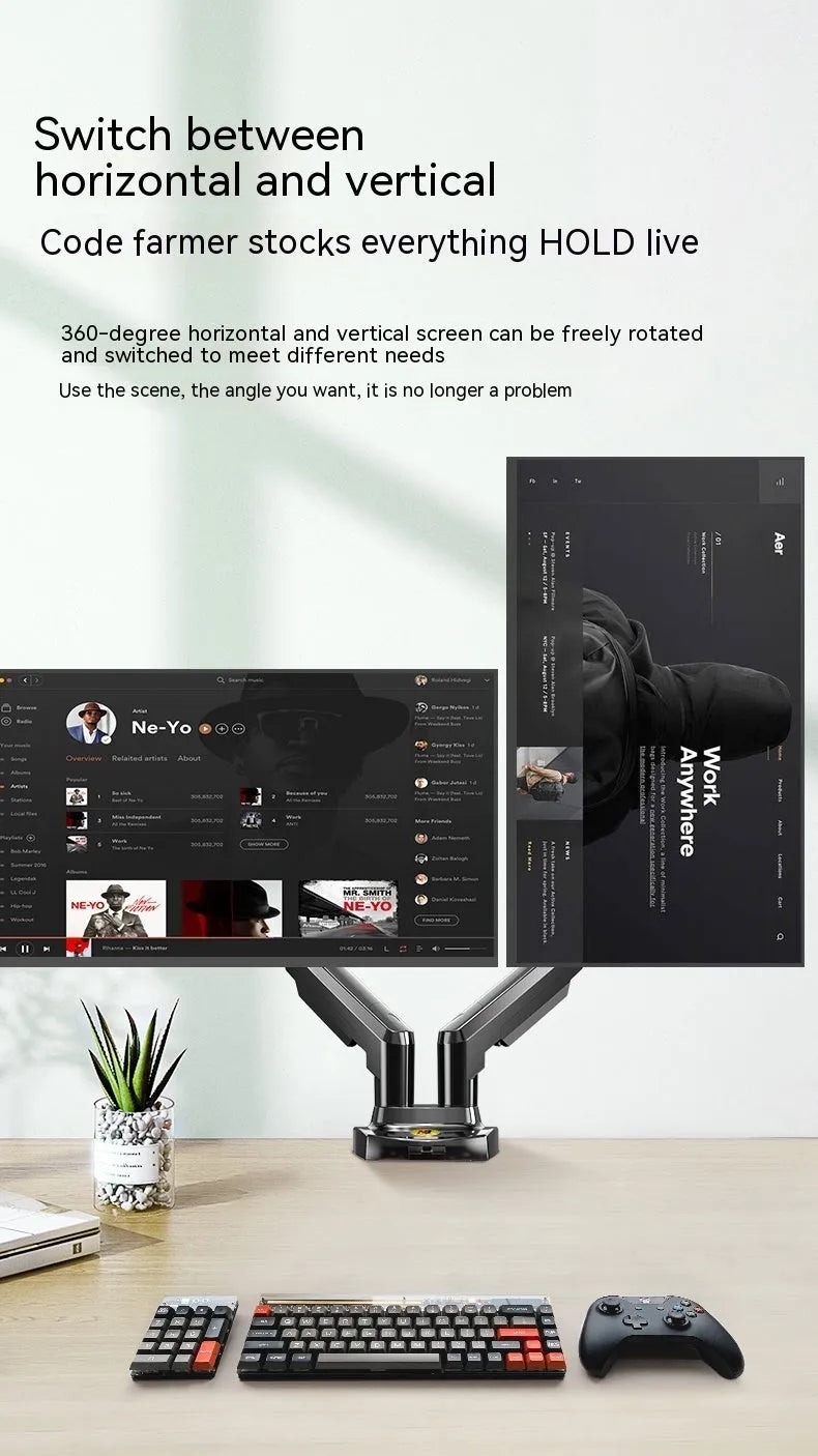 Black dual screen monitor bracket with height adjustment mechanism and VESA mounting compatibility
