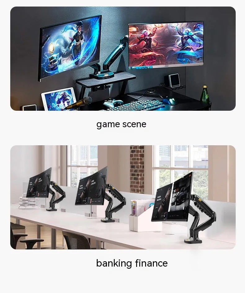 Black dual screen monitor bracket with height adjustment mechanism and VESA mounting compatibility