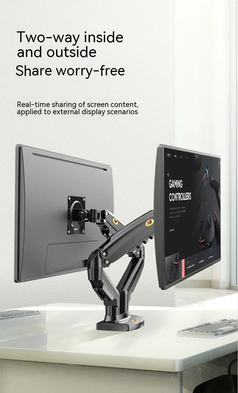 Black dual screen monitor bracket with height adjustment mechanism and VESA mounting compatibility