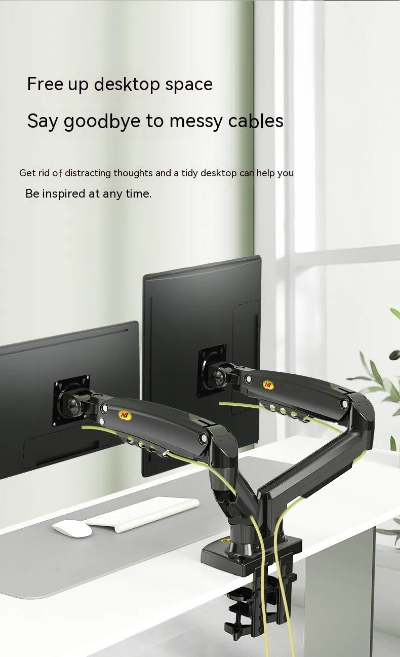 Black dual screen monitor bracket with height adjustment mechanism and VESA mounting compatibility