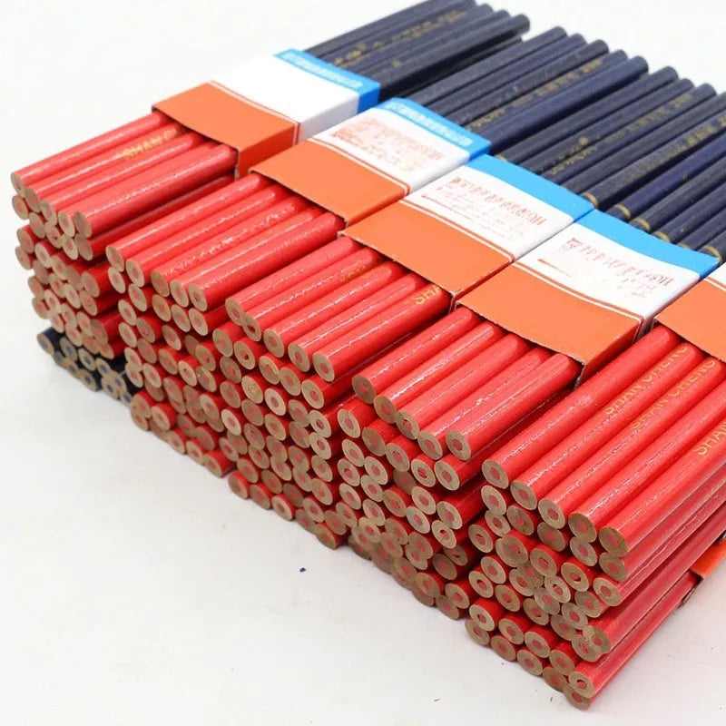 Pack of 10 red and blue two-colour wooden carpenter's pencils with round barrels.