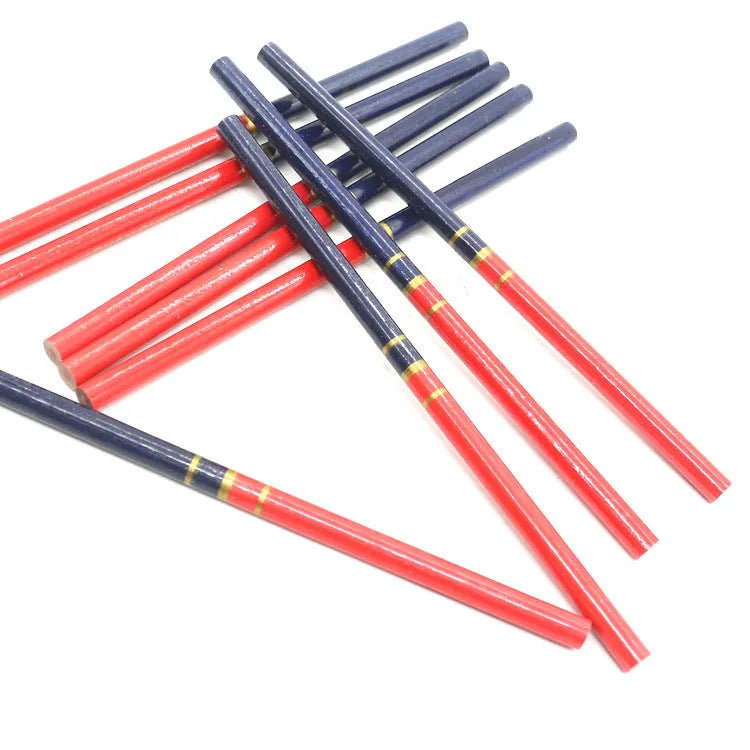 Pack of 10 red and blue two-colour wooden carpenter's pencils with round barrels.