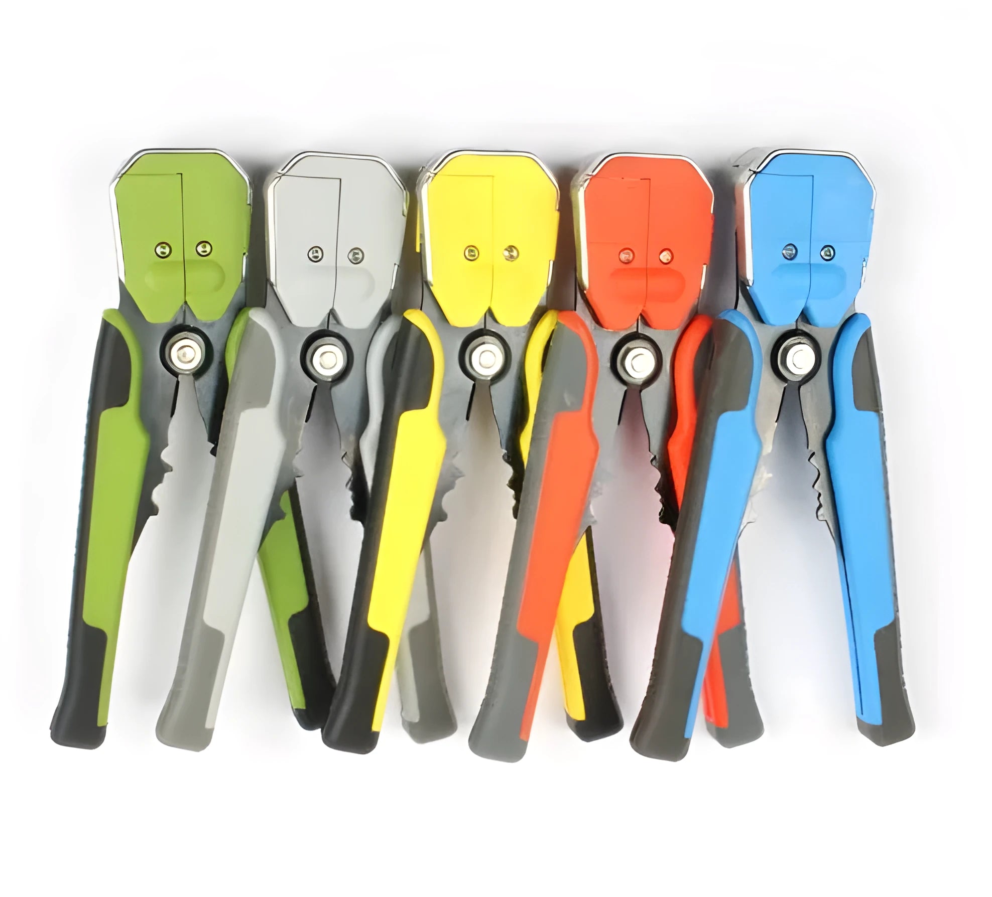 Yellow automatic wire stripper and crimping tool with adjustment screw for 10-24 AWG cables