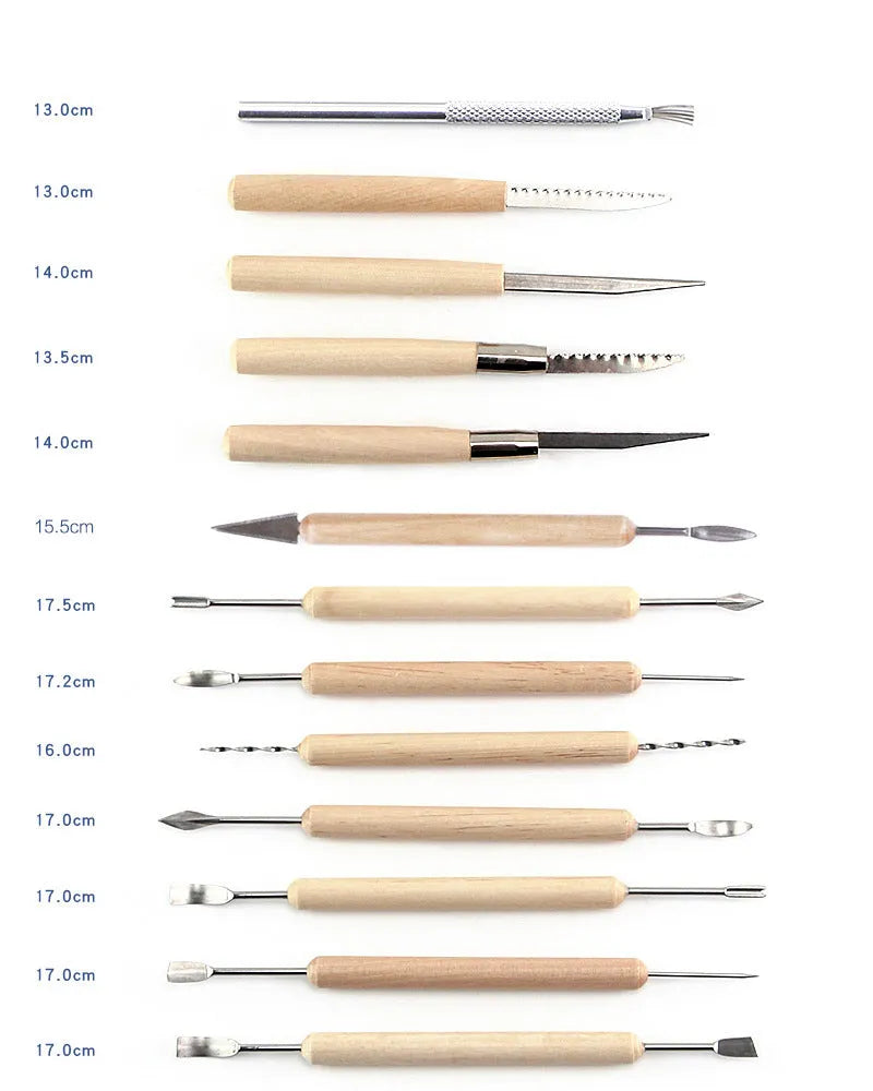 27-piece pottery clay tool set with stainless steel, wood, and plastic tools in a brown roll package.
