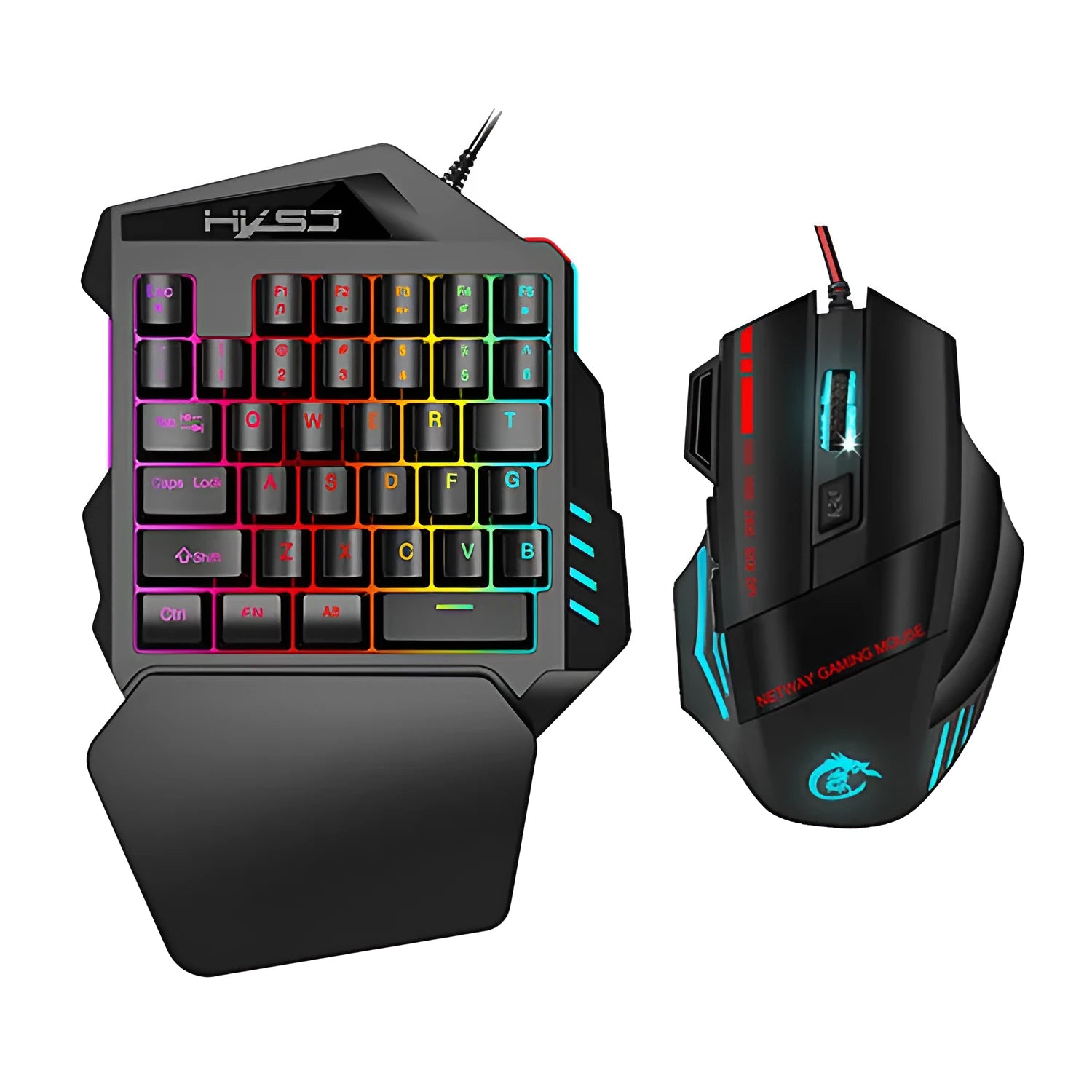 V100 one-handed black mini keyboard and mouse set on a desk